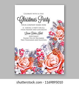 Wedding invitation floral card with peach rose fir pine branch,cotton in watercolor style. Botanical template flowers for invite, greeting and covers