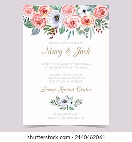 Wedding invitation floral card with watercolor roses, anemones, flowers and leaves. Design for greeting and birthday card, vector.
