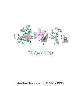 Wedding invitation floral card. Wildflowers, stems, leaves in pastel green pink colors on white background. Vector illustration, greeting card, logo, branding design, poster, print, birthday
