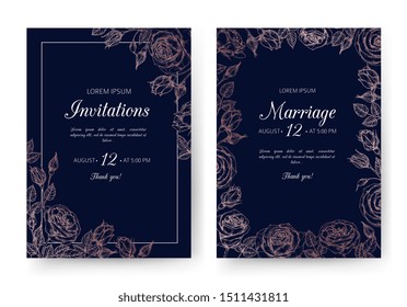 Wedding invitation. Floral wedding cards with rose frame in victorian engraving style. Vintage vector flyers