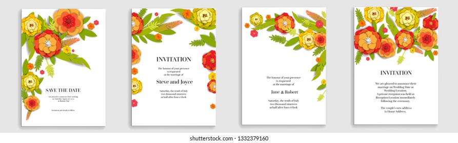 Wedding invitation floral cards set. Paper cut flowers for decor, realistic effect. Bright holiday design.
