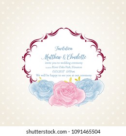 Wedding invitation with floral curls, butterfly in antique style. Congratulations on your birthday, invitation card. Flower pattern. Frame with flowers of rose. 