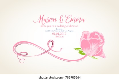 Wedding invitation with floral curls, butterfly in antique style. Congratulations on your birthday, invitation card. Flower pattern. Frame with flowers of rose. 