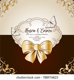 Wedding invitation with floral curls, gold bow and butterfly in the old style. Congratulations on your birthday, invitation card. Frame. Flower pattern. Element for  design, creativity, scrapbooking