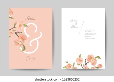 Wedding Invitation. Floral Cute Cards Front and Back Side Design Set. Pink Cherry Flowers, Leaves and Branch Decoration, Invite Poster Banner Flyer Brochure Template. Cartoon Flat Vector Illustration