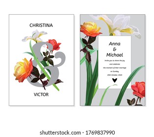 
Wedding invitation with floral decoration of roses and irises. greeting card