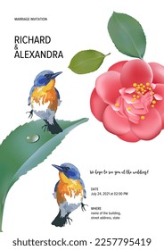 Wedding invitation floral design, camellia flowers with birds. This template can be used as another type of invitations and holidays.
