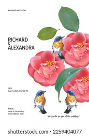 Wedding invitation floral design, camellia flowers with birds. This template can be used as another type of invitations and holidays