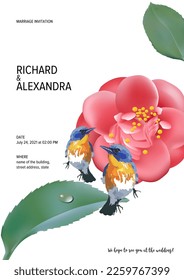 Wedding invitation floral design, camellia flowers with birds. This template can be used as another type of invitations and holidays