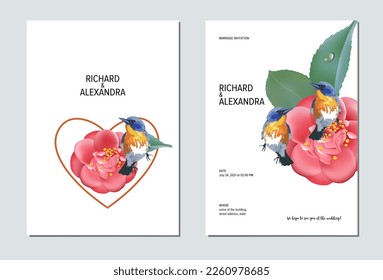 Wedding invitation floral design, camellia flowers with birds. This template can be used as another type of invitations and holidays.
