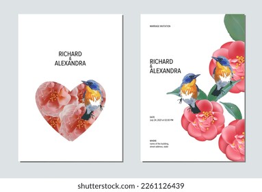 Wedding invitation floral design, camellia flowers with birds. This template can be used as another type of invitations and holidays.
