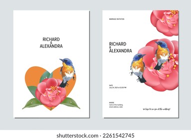 Wedding invitation floral design, camellia flowers with birds. This template can be used as another type of invitations and holidays.
