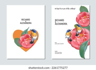 Wedding invitation floral design, camellia flowers with birds. This template can be used as another type of invitations and holidays.
