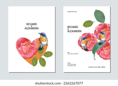 Wedding invitation floral design, camellia flowers with birds. This template can be used as another type of invitations and holidays.
