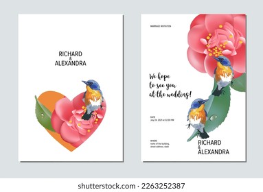 Wedding invitation floral design, camellia flowers with birds. This template can be used as another type of invitations and holidays.
