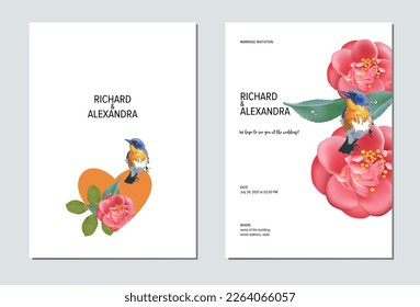 Wedding invitation floral design, camellia flowers with birds. This template can be used as another type of invitations and holidays.
