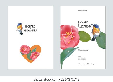 Wedding invitation floral design, camellia flowers with birds. This template can be used as another type of invitations and holidays.

