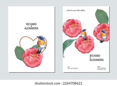 Wedding invitation floral design, camellia flowers with birds. This template can be used as another type of invitations and holidays.
