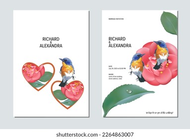 Wedding invitation floral design, camellia flowers with birds. This template can be used as another type of invitations and holidays.
