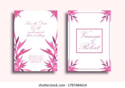 Wedding invitation with floral elements. Invitation template with pink leaves