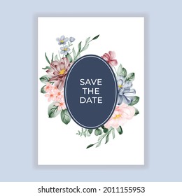 Wedding invitation floral frame card with pink blue burgundy flowers