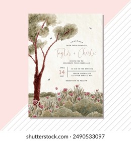 wedding invitation with floral garden landscape illustration