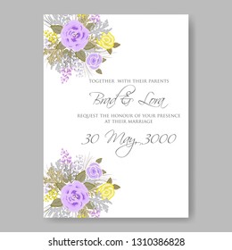 Wedding invitation floral garden violet rose chryzanthemum greenery yellow flowers spring bakground