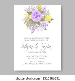 Wedding invitation floral garden violet rose chryzanthemum greenery yellow flowers spring bakground