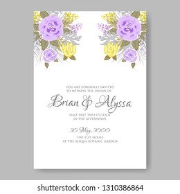 Wedding invitation floral garden violet rose chryzanthemum greenery yellow flowers spring bakground