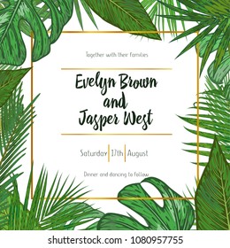 Wedding Invitation, floral invite card Design with green tropical forest palm leaves, forest fern greenery simple, square golden border print. Vector cute garden greeting, copy space
