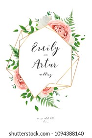 Wedding invitation, floral invite card design with creamy white garden peony flowers, blush pink roses, green leaves, greenery fern and golden geometrical frame decoration. Vector elegant illustration