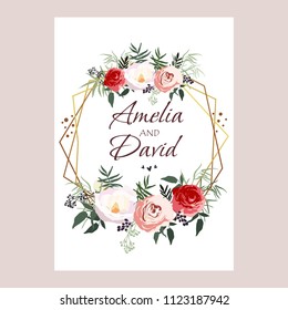 Wedding Invitation, floral invite card Design Peach lavender pink garden Rose, succulent, wax, eucalyptus, green palm leaves, forest fern greenery geometric golden frame print. Vector cute copy space