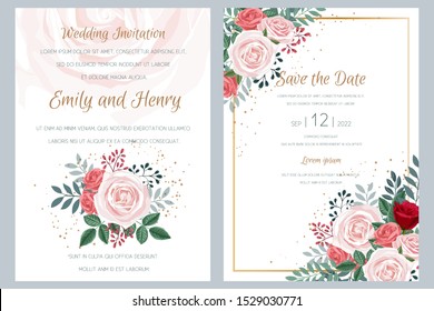 Wedding Invitation floral invite card template set with roses and leaves, bridal bouquet. Geometric golden frame. Greeting card vector banner design.