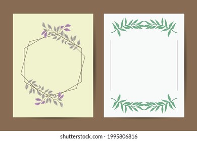 Wedding Invitation, floral invite card Design: Peach lavender pink garden Rose, succulent, wax, eucalyptus, green palm leaves, forest fern greenery geometric golden frame print. Vector cute copy space