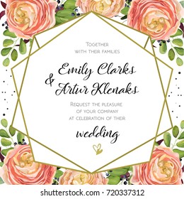 Wedding Invitation, floral invite card Design with pink peach rose Ranunculus elegant  blue berry, romantic fern greenery bouquet, geometric golden border print. Vector watercolor cute garden greeting