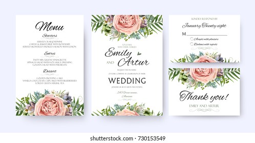 Wedding Invitation, floral invite card Design: garden lavender pink peach Rose Succulent wax green palm fern leaves elegant greenery, berry forest bouquet frame print. Vector menu, rsvp, thank you set