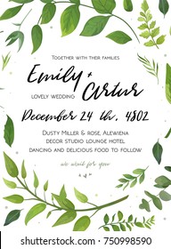 Wedding Invitation, floral invite card Design with green fern leaves elegant greenery foliage eucalyptus forest bouquet round frame, wreath print. Vector rustic eco friendly postcard cute illustration