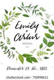 Wedding Invitation, floral invite card Design: green fern leaves elegant greenery, foliage eucalyptus forest bouquet decorative frame, wreath print. Vector elegant trendy rustic save the date postcard