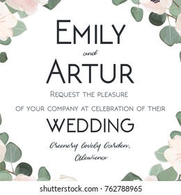 Wedding Invitation floral invite card watercolor hand drawn design with cute white garden Anemone poppy flower silver dollar Eucalyptus green leaf & branches.Elegant vector art template layout
