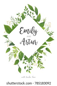 Wedding Invitation, Floral Invite Card Design: Green Fern Leaves Greenery, Forest Foliage Decorative Rhombus Frame Print. Vector Elegant Watercolor Rustic Save The Date, Postcard Template
