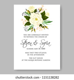 Wedding Invitation floral invite cute card vector Designs set: white garden Ranunculus, Rose flower, eucalyptus, mistletoe green leaf  berry romantic trendy greenery forest bouquet