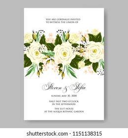 Wedding Invitation floral invite cute card vector Designs set: white garden Ranunculus, Rose flower, eucalyptus, mistletoe green leaf  berry romantic trendy greenery forest bouquet