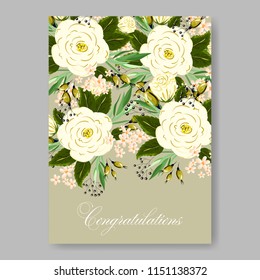 Wedding Invitation floral invite cute card vector Designs set: white garden Ranunculus, Rose flower, eucalyptus, mistletoe green leaf  berry romantic trendy greenery forest bouquet