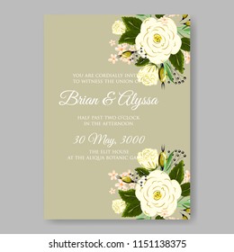 Wedding Invitation floral invite cute card vector Designs set: white garden Ranunculus, Rose flower, eucalyptus, mistletoe green leaf  berry romantic trendy greenery forest bouquet