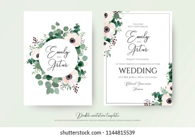 Wedding Invitation, floral invite modern card Design: light pink anemone flower, green eucalyptus greenery branches, thyme leaves & berries wreath & frame pattern. Vector, elegant, watercolor template