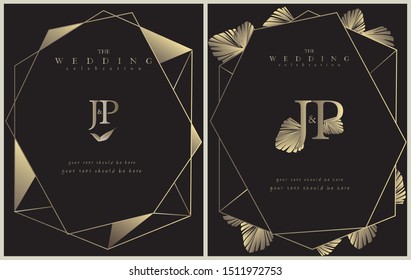 Wedding Invitation, floral invite, rsvp modern card. Design in copper peony with navy black and tropical leaf greenery eucalyptus branches decorative Vector elegant rustic template