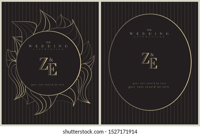 Wedding Invitation, floral invite, rsvp modern card. Design in copper peony with navy black and tropical leaf greenery eucalyptus branches decorative Vector elegant rustic template