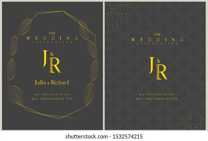 Wedding Invitation, floral invite, rsvp modern card. Design in copper peony with navy black and tropical leaf greenery eucalyptus branches decorative Vector elegant rustic template, Grand opening card
