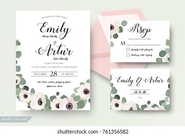 Wedding Invitation floral invite Rsvp thank you cute card vector Designs set: white garden Anemone poppy flower, silver dollar Eucalyptus green leaf & branches. Romantic greenery tropic rustic art
