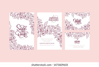Wedding Invitation, floral invite save the date, thank you, rsvp modern card Design - red decorative wreath with flowers and frame. Vector elegant rustic template